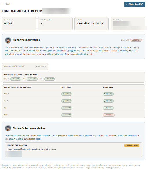EBM diagnostic report with per-bank readings and a recommended repair