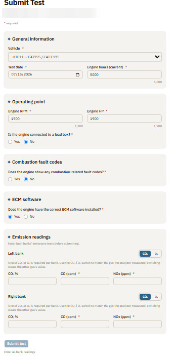 EBM manual emission test entry form with engine and reading fields