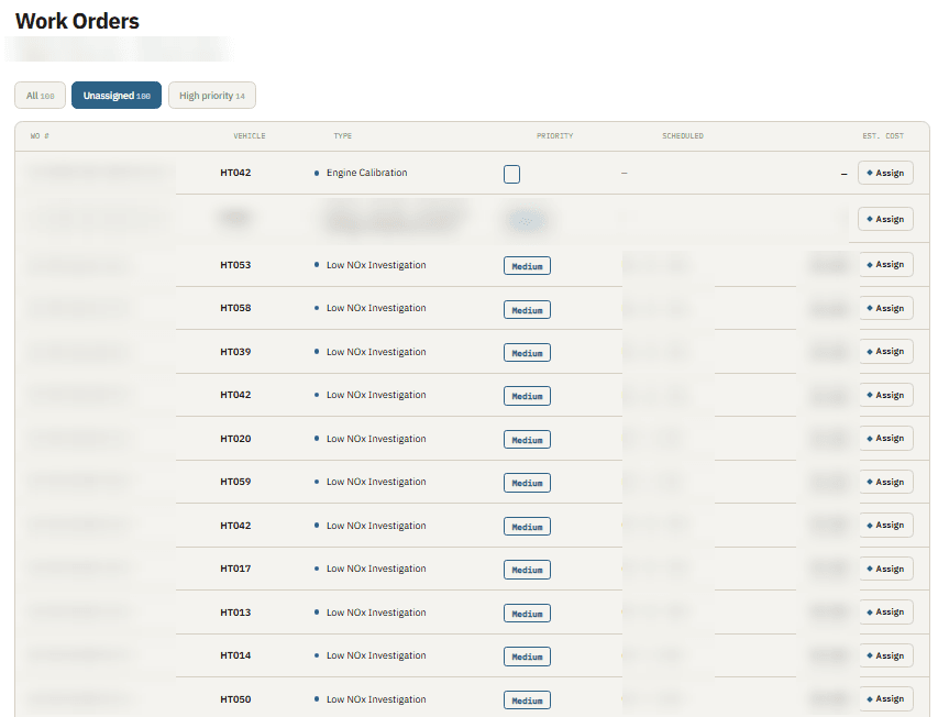 EBM work order list with type, priority and assignment controls